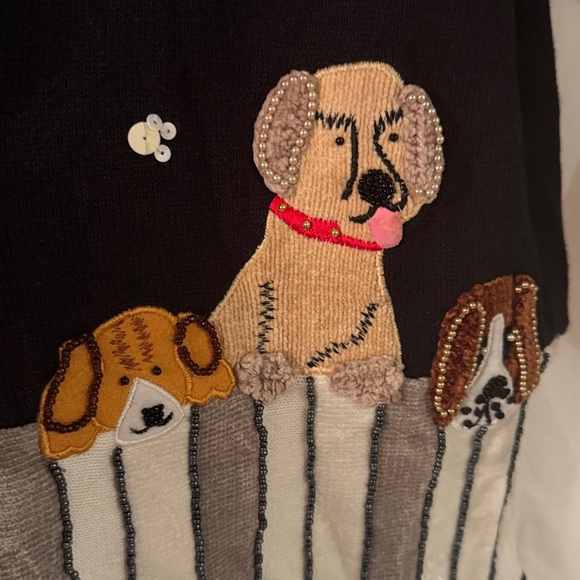 Vintage BEREK Dog Cardigan Sweater Womens M Black Beaded Puppies Poodle Boxer - Picture 4 of 11